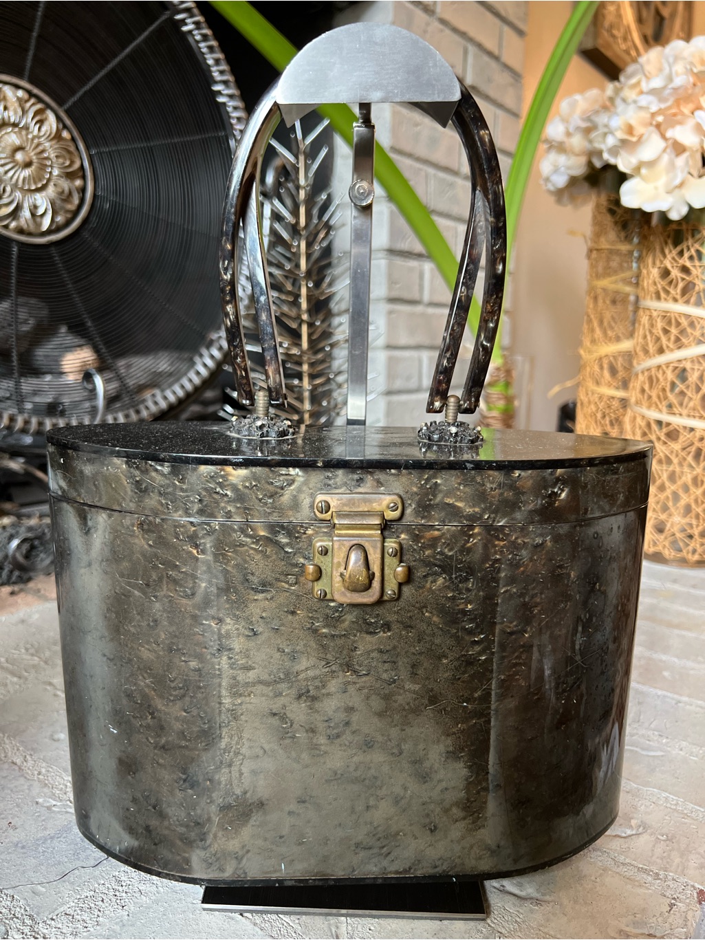 Wilardy Vtg 1950s Gray Marbled Lucite Ice Bucket Box Purse Top Handle Signed